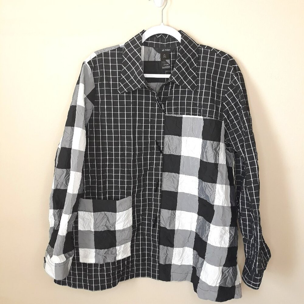 Ali Miles Mixed Print Plaid Check Button Down Top XL Artsy Art to Wear